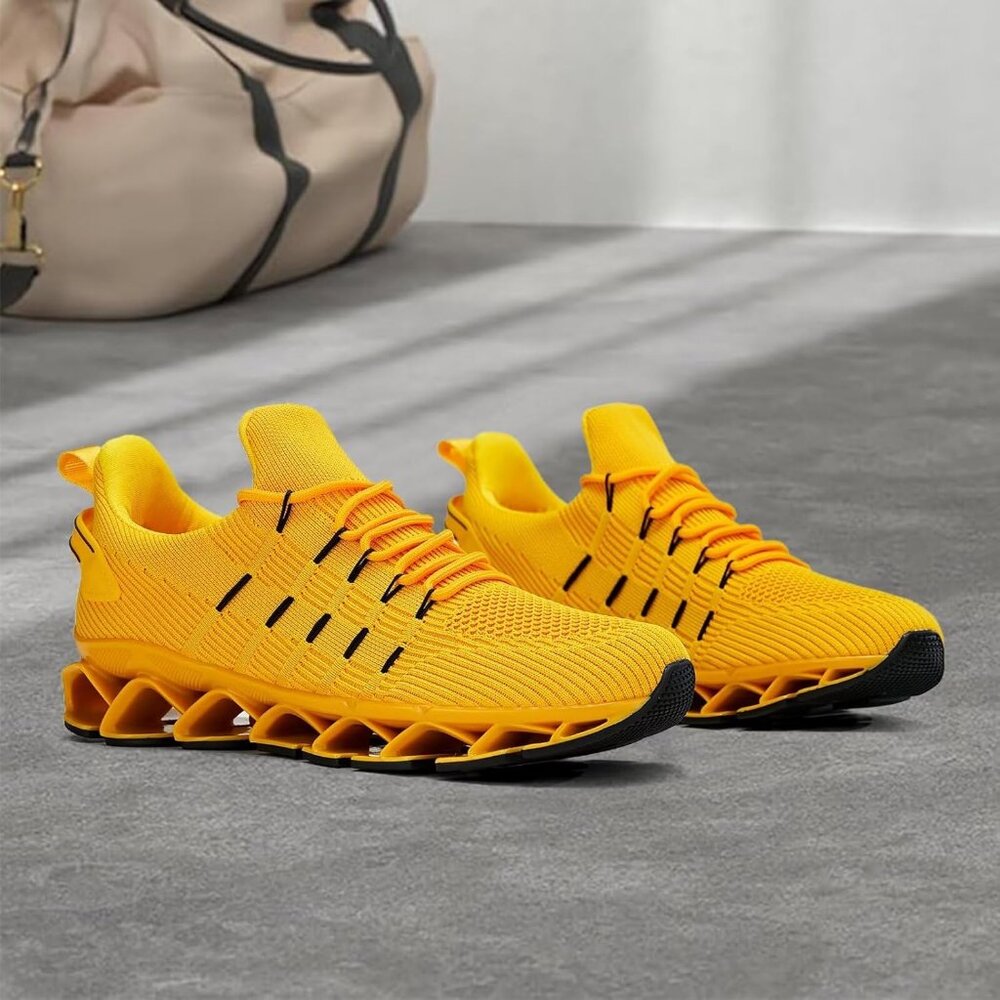 Men's Yellow Non Slip Lightweight Workout Breathable Mesh Fashion Sneakers - Picture 2 of 7